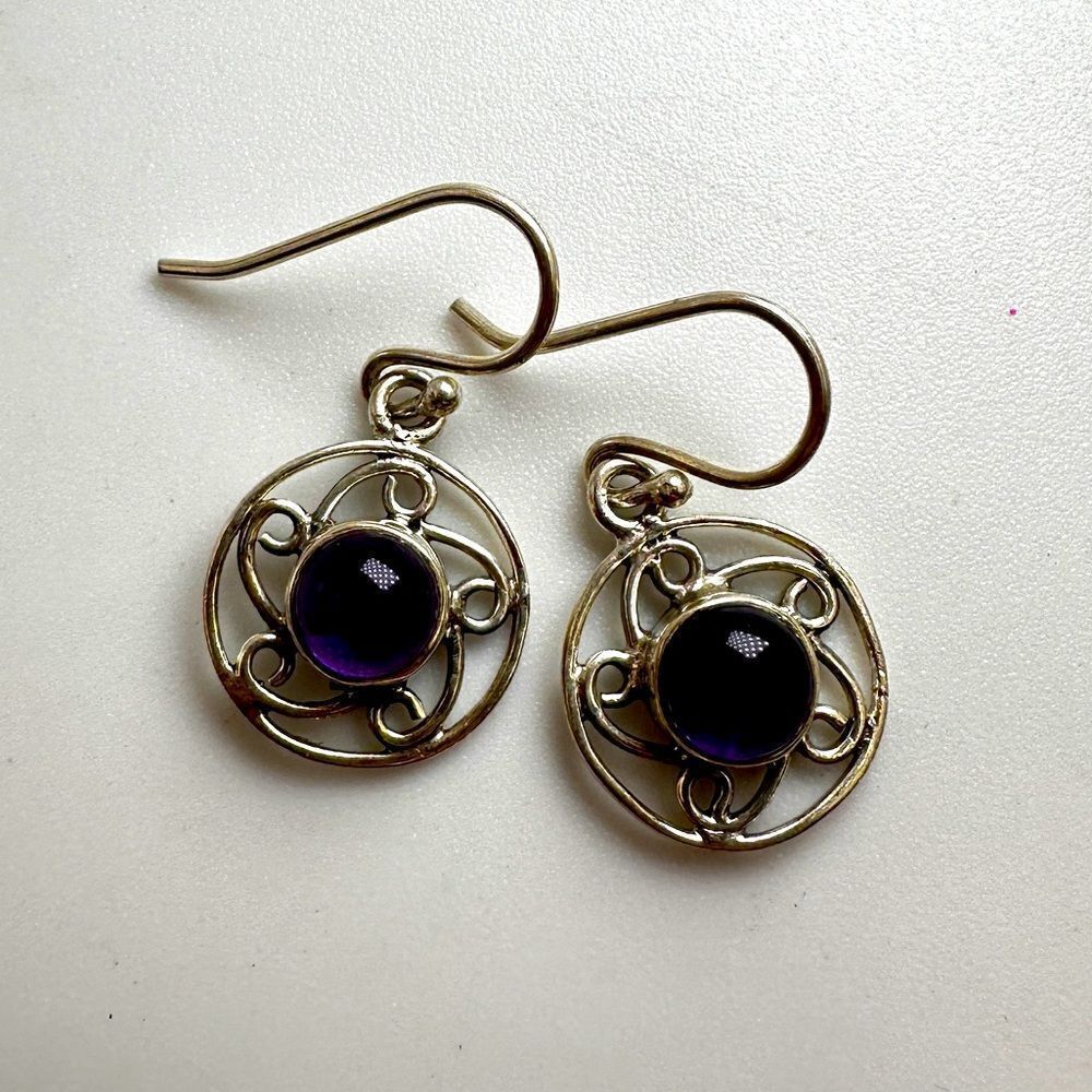 5mm amethyst cabochon dangle‎ earrings in stamped sterling silver!
